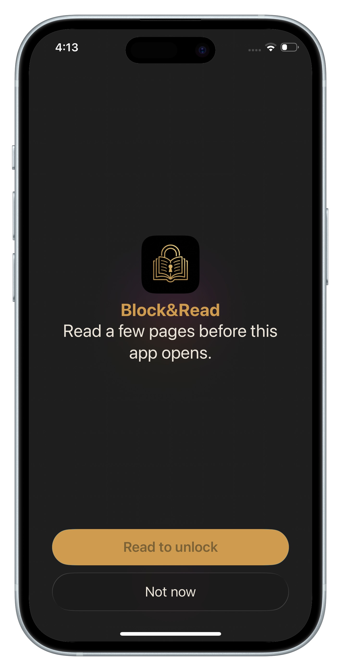 Block&Read intercepting a doomscrolling app with a book on iPhone