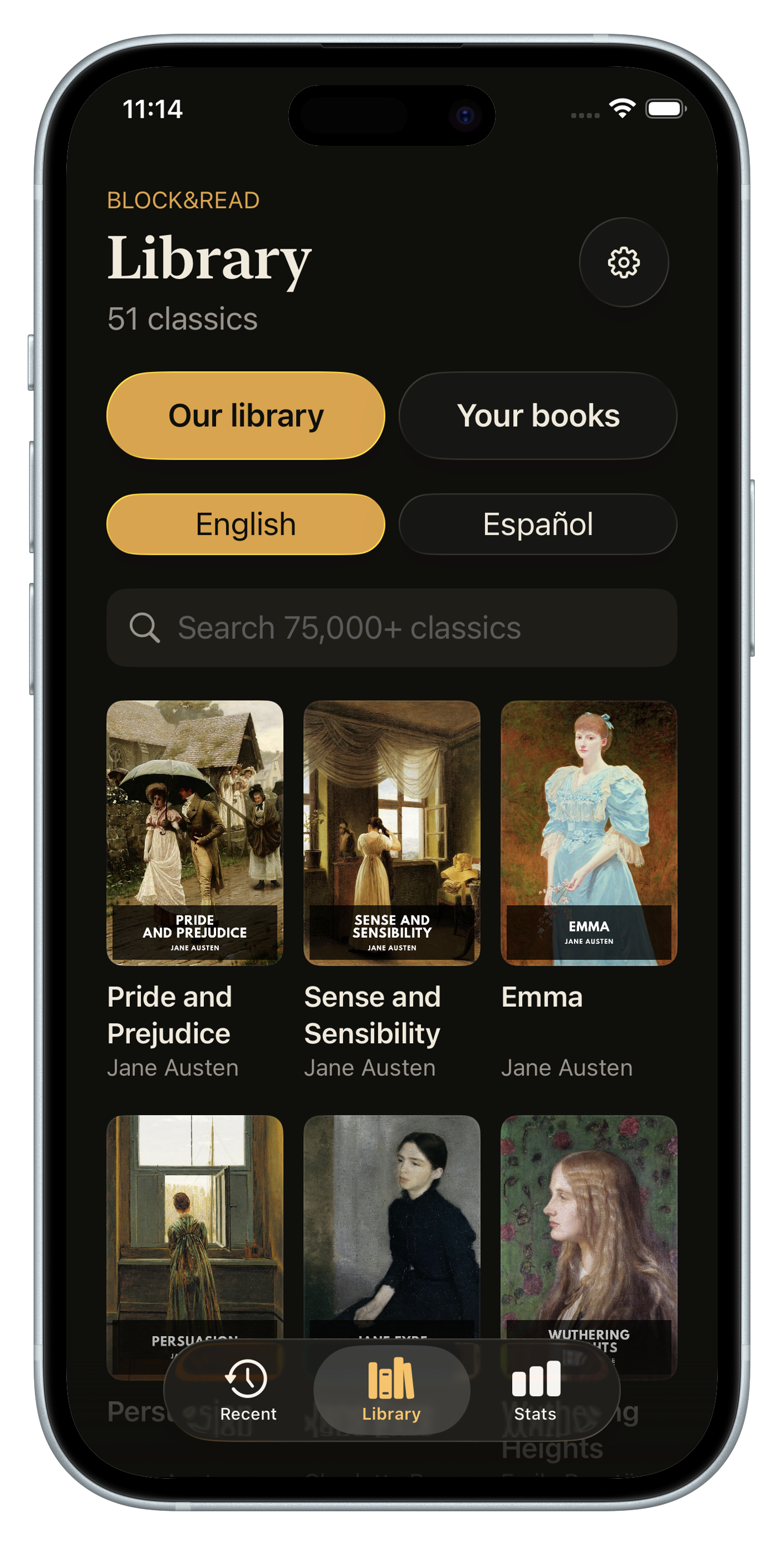 Block&Read library on iPhone showing classic books ready to read