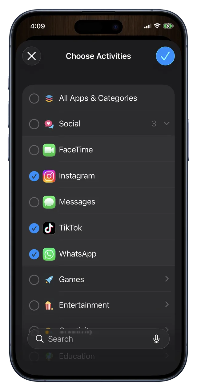 Choosing Instagram, TikTok and WhatsApp to block with Screen Time