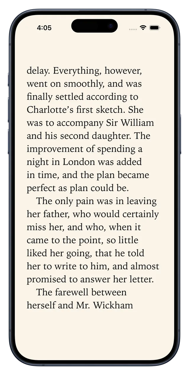 A page of Pride and Prejudice in the sepia reader, text at 150%