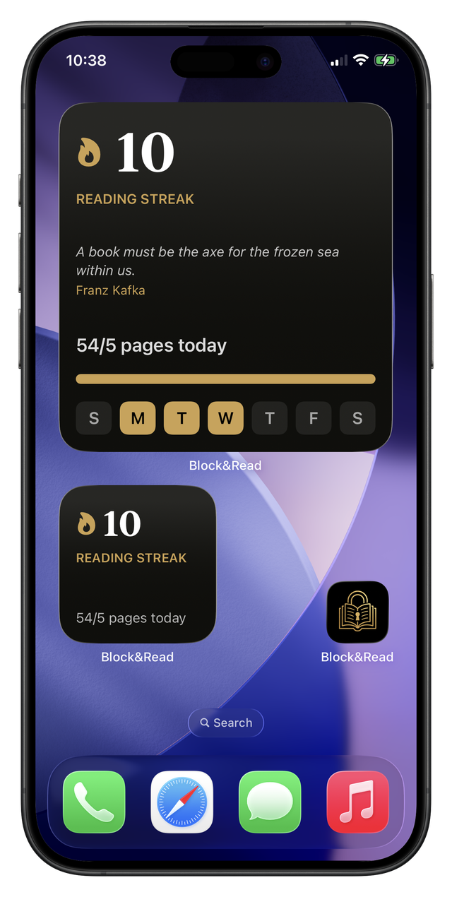 Block&Read widgets on the iPhone Home Screen showing the reading streak and pages read today