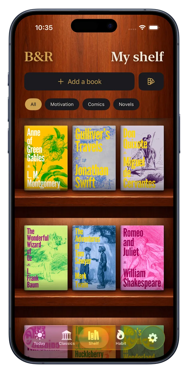 My shelf in Block&Read: your books standing on a wooden bookcase