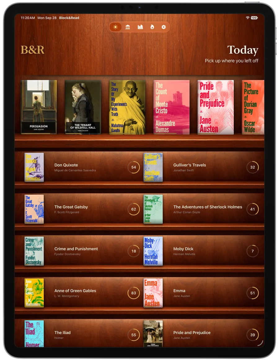 Block&Read on iPad: the Today screen with a full carousel of books and reading progress