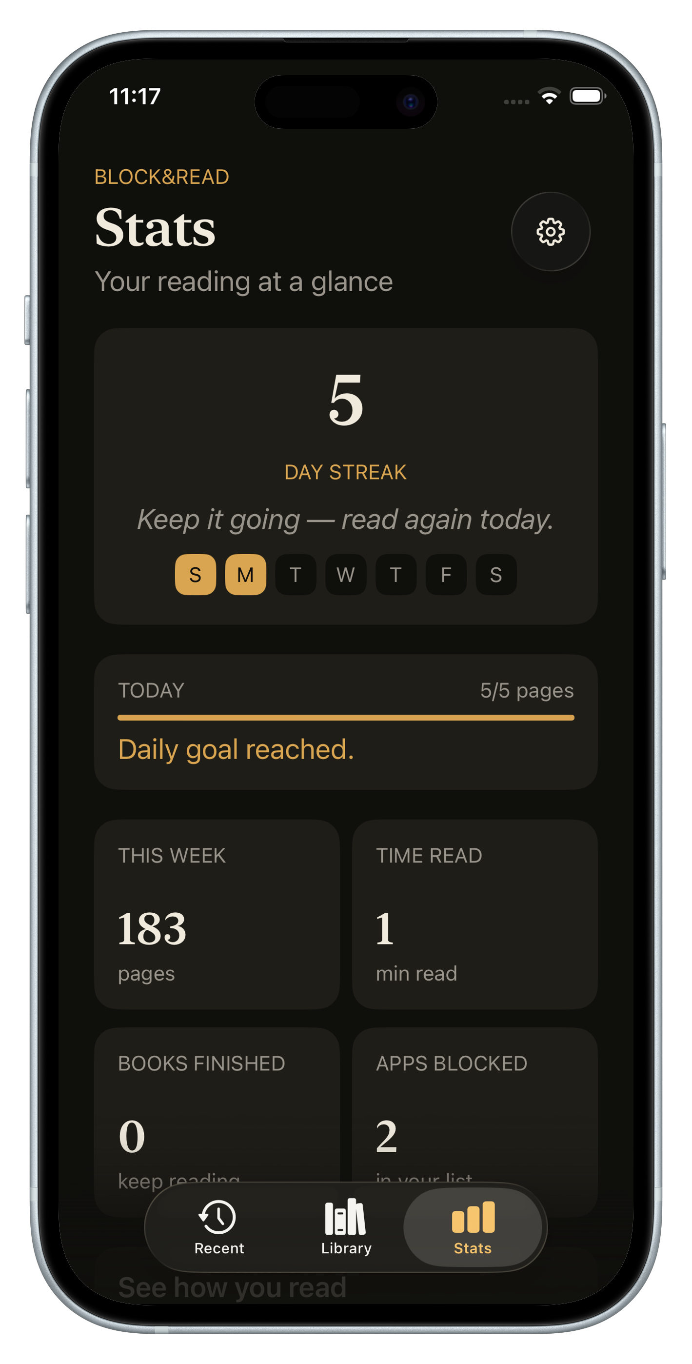 Reading streak and stats screen in Block&Read showing pages read and apps blocked