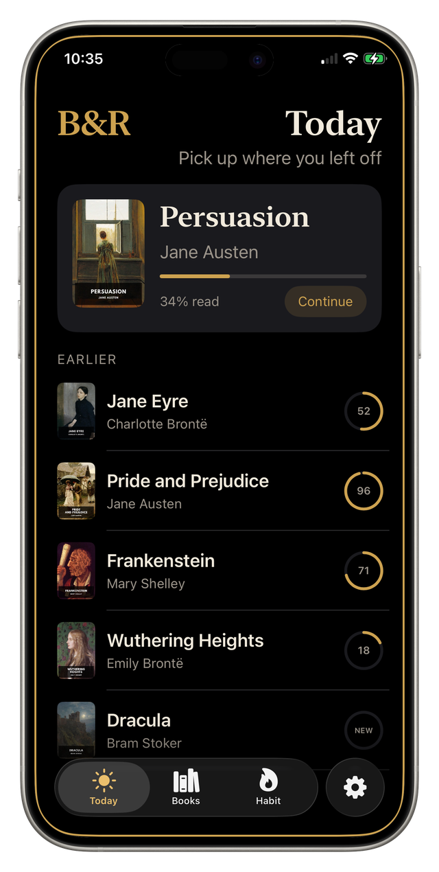 Today screen in Block&Read for iPhone with the current book and the reading list
