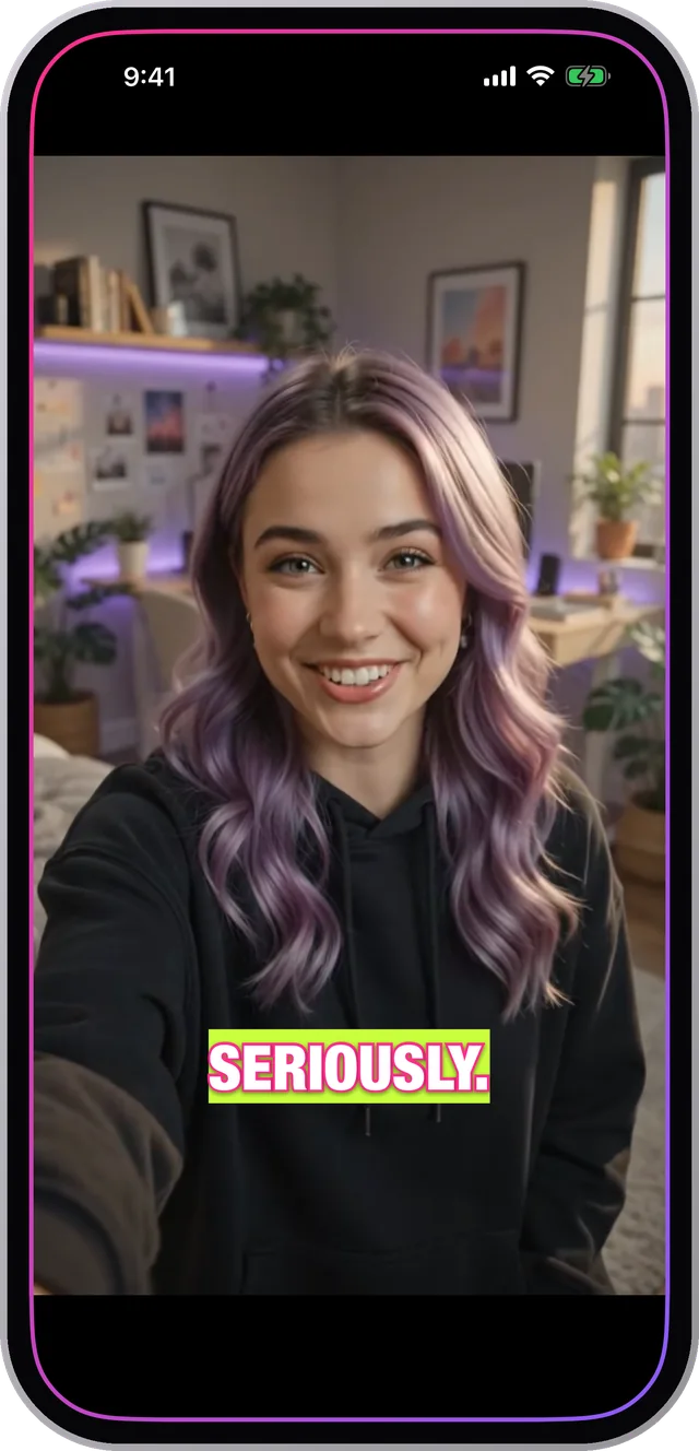 TikTok-style caption with the spoken word highlighted, full screen in Charlatan