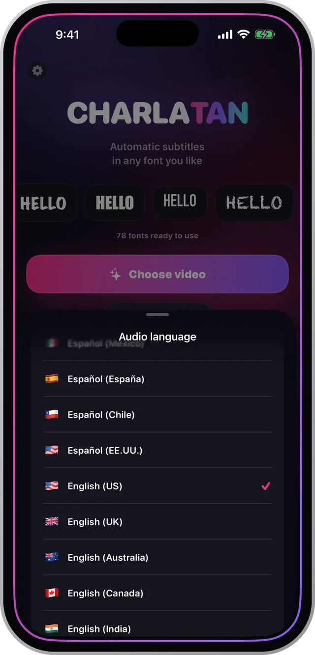 Choosing the spoken language, transcribed on the iPhone itself