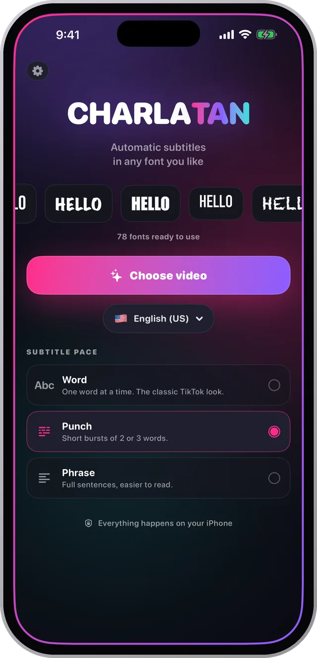 Charlatan home screen with the word, punch and phrase subtitle paces