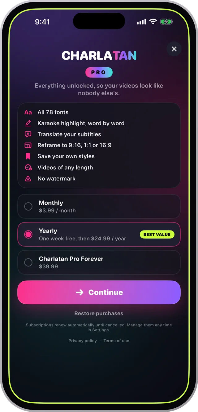 Charlatan Pro plans on an iPhone: all 78 fonts, karaoke, translation, reframing and no watermark