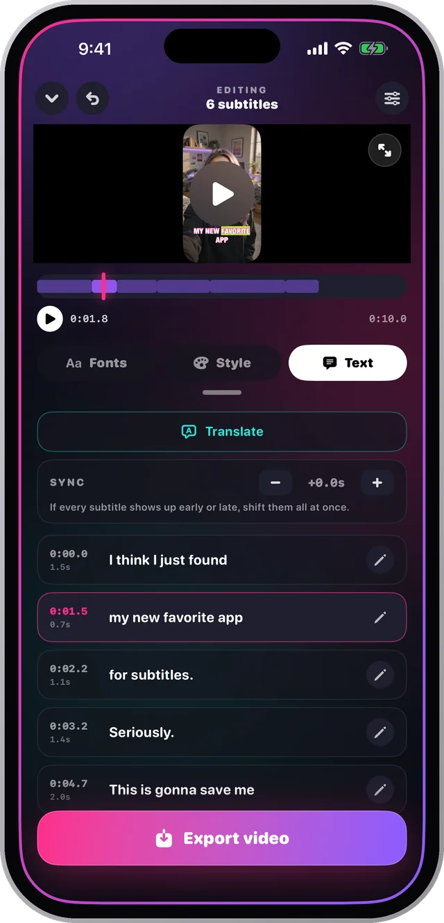 Editing subtitle text and timing, with Translate, in the Charlatan editor