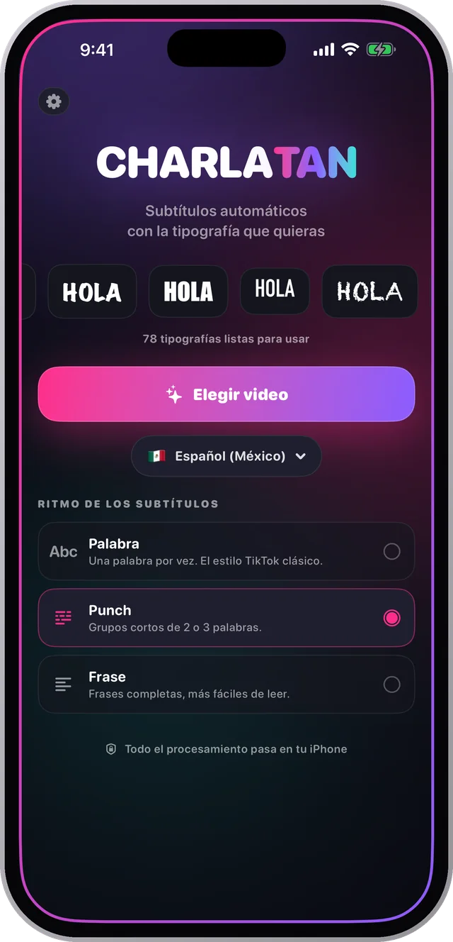 Charlatan home screen on an iPhone: choose a video and pick the subtitle pace