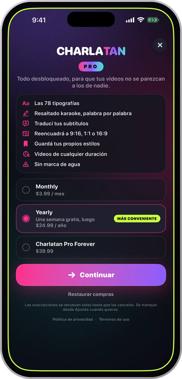 Charlatan Pro plans on an iPhone: all 78 fonts, karaoke, translation, reframing and no watermark