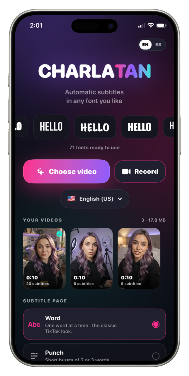 Charlatan home screen on an iPhone with your captioned videos, choose video and record buttons