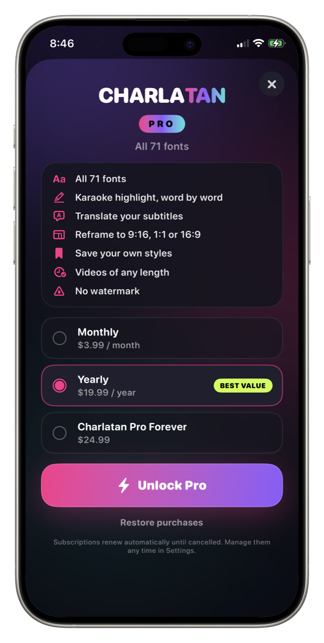 Charlatan Pro plans on an iPhone showing what unlocking removes, including the watermark
