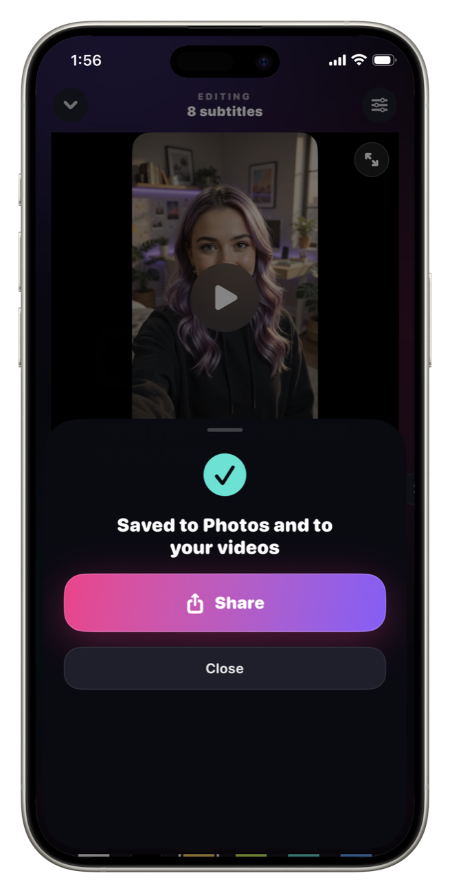 Video with burned-in subtitles saved to Photos from Charlatan on an iPhone