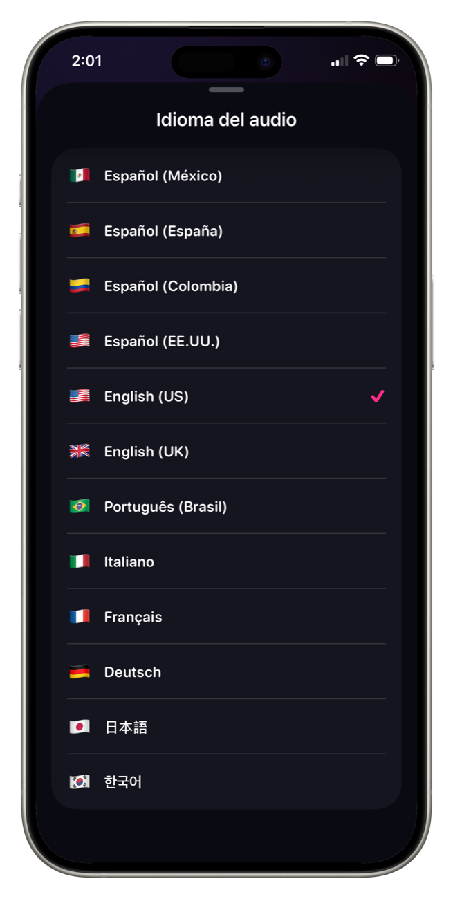 Choosing the audio language for transcription and translation in Charlatan on an iPhone