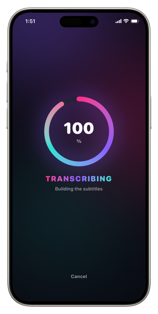 Charlatan transcribing a video's audio on an iPhone, progress at 100%