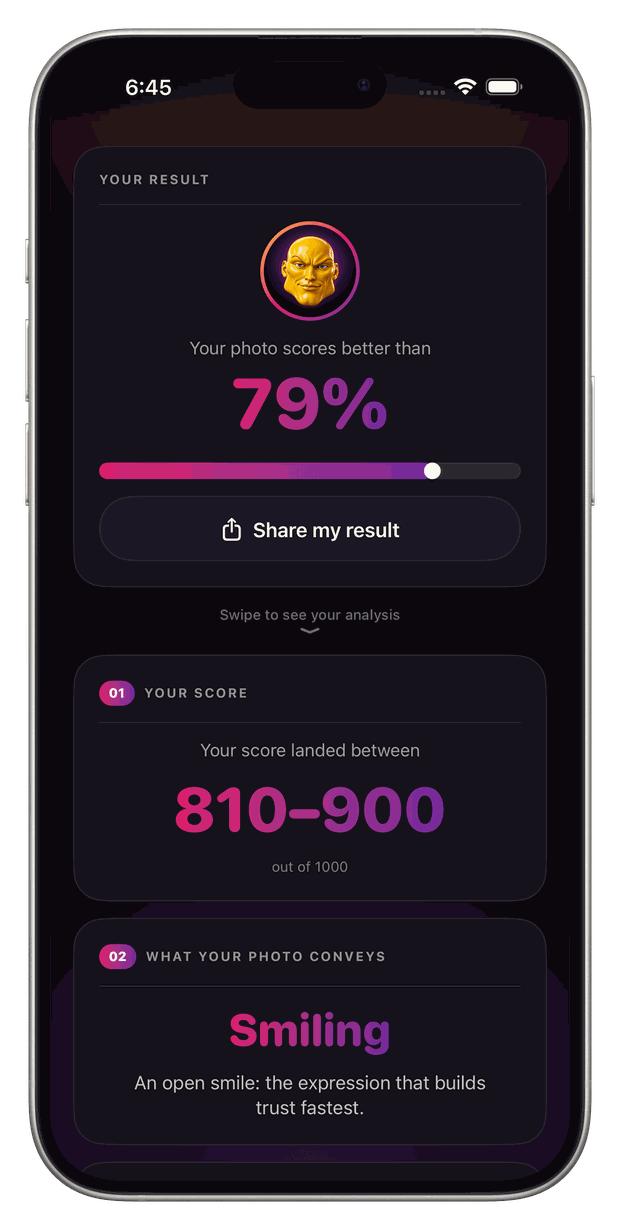 Face score out of 1000 in the FaceCheck photo analyzer app