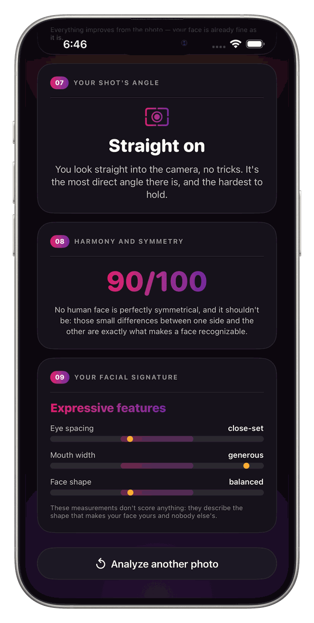 Golden ratio facial proportions in FaceCheck: eye spacing, mouth width and face shape described as your facial signature