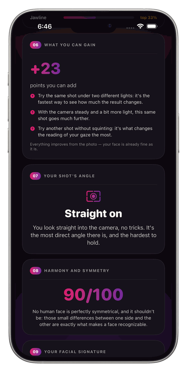 Photo angle analysis in FaceCheck: straight-on shot read like a portrait photographer would