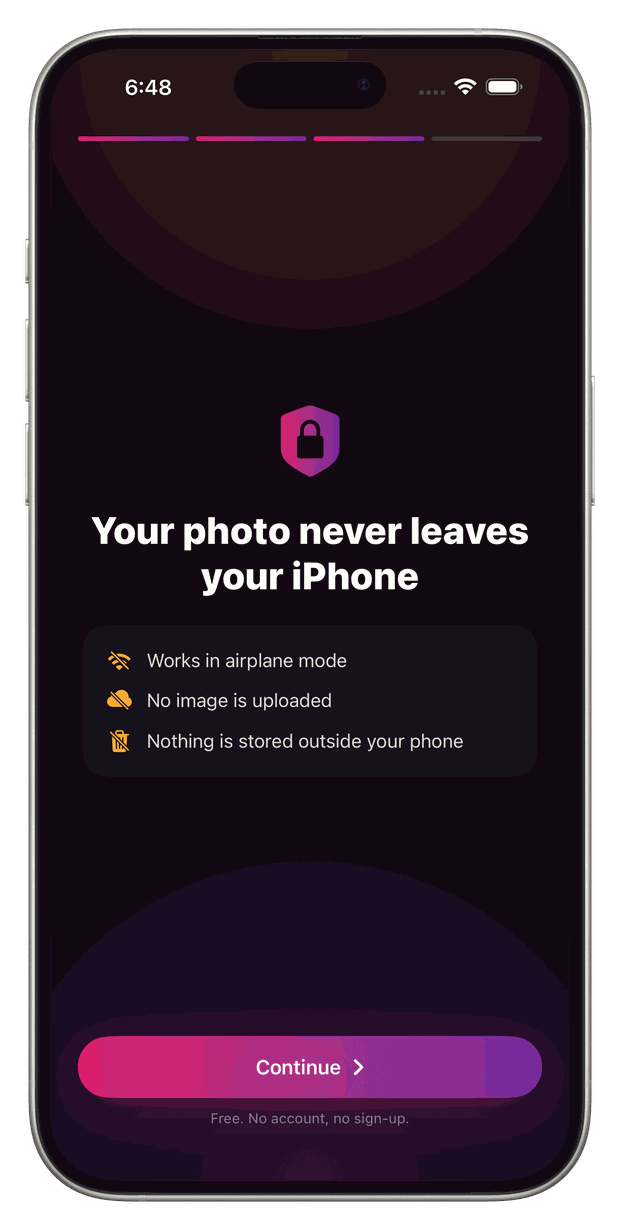 Private face analysis: FaceCheck screen confirming your photo never leaves your iPhone