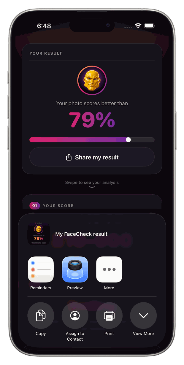 Share your face score from FaceCheck: result card ready to send to a friend