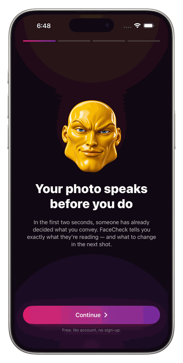 What your photo conveys in two seconds according to FaceCheck: calm, assured expression