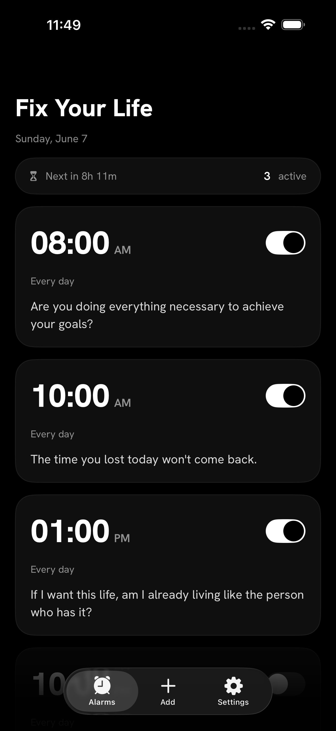 Clean black and white alarm list