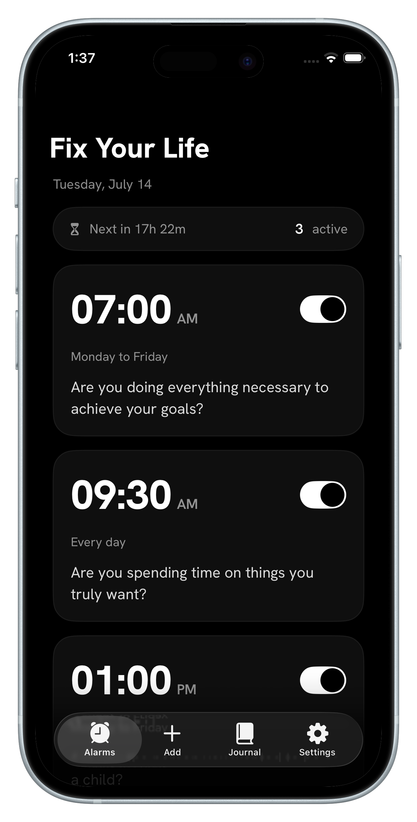 Daily reflection habit alarms with confronting questions in the Fix Your Life app