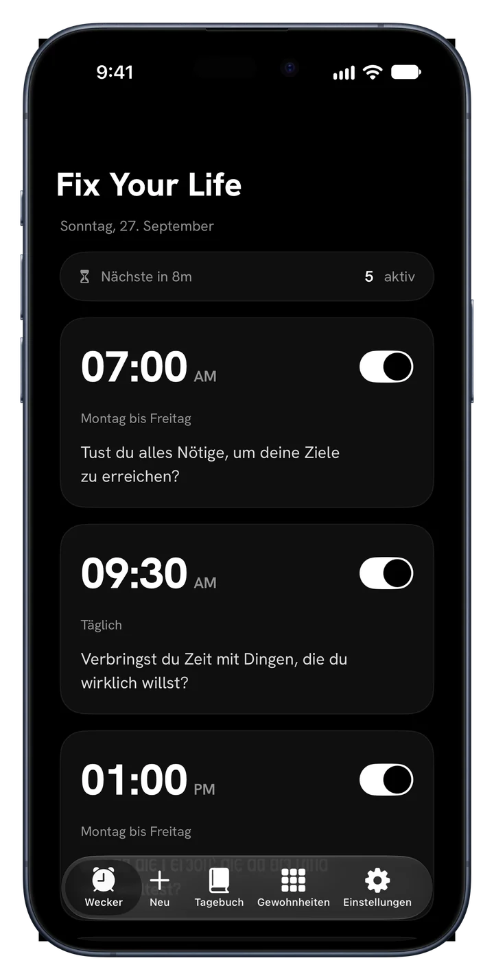 Alarmliste in Fix Your Life, jeder Alarm mit eigener Frage