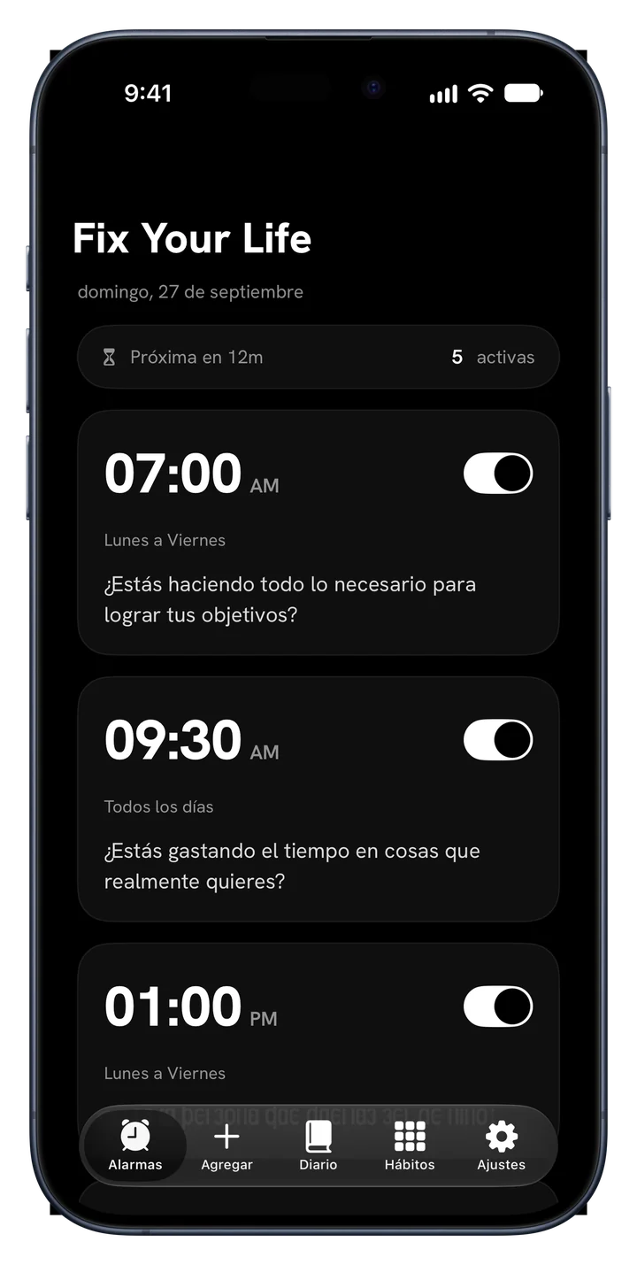 Lista de alarmas en Fix Your Life, cada una con su propia pregunta