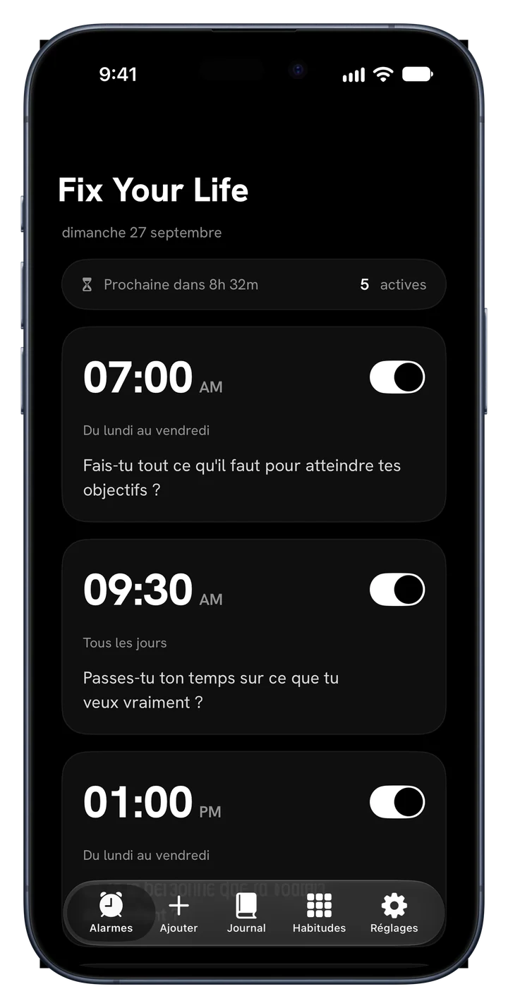 Liste d'alarmes dans Fix Your Life, chacune avec sa propre question