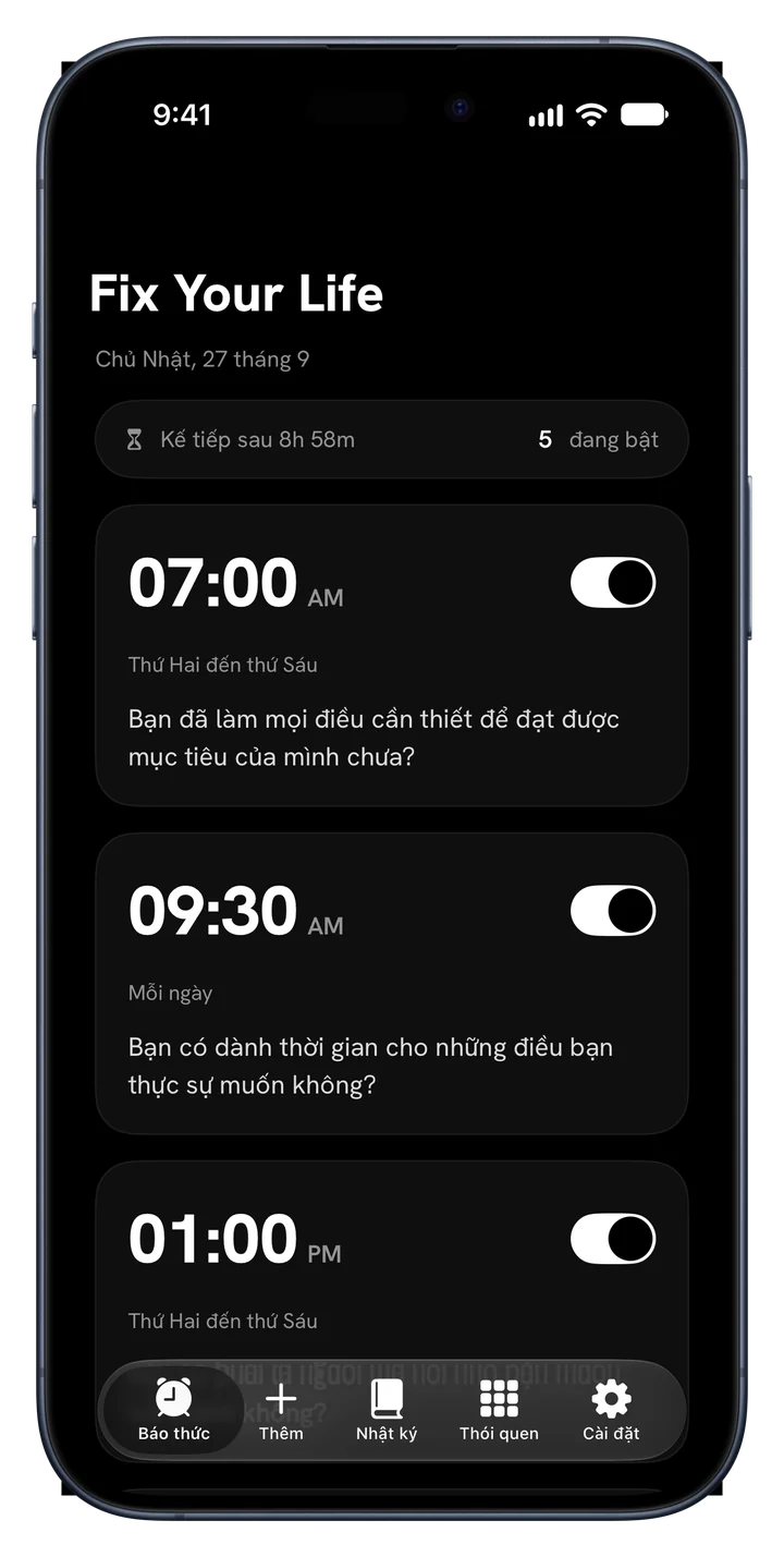 Danh sách báo thức trong Fix Your Life, mỗi báo thức một câu hỏi