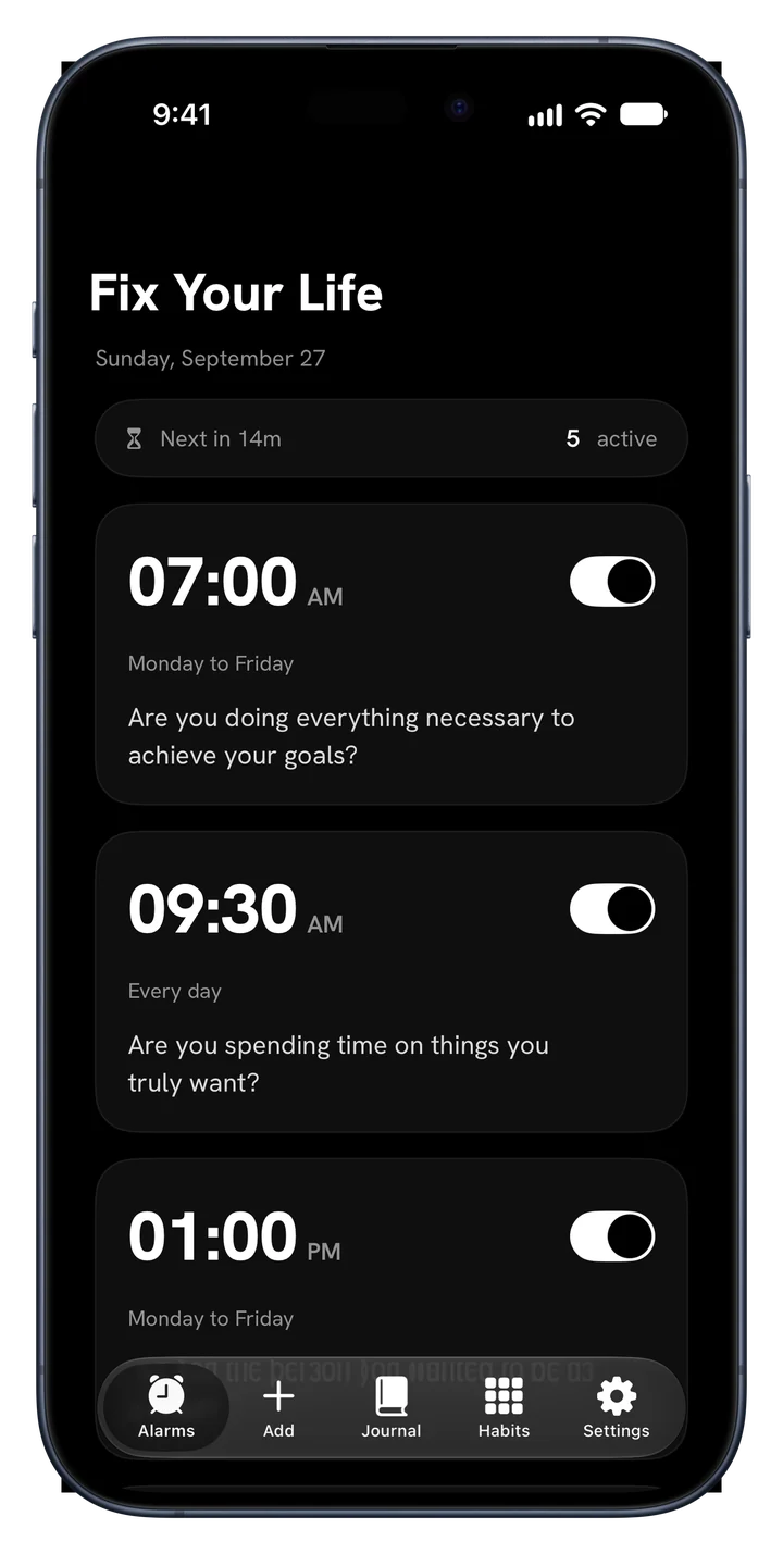 Alarm list in Fix Your Life, each alarm with its own question
