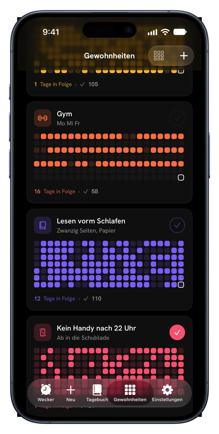 Gewohnheits-Raster in Bernstein, Orange, Violett und Pink, jedes mit eigener Serie