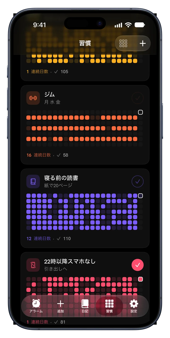 アンバー、オレンジ、バイオレット、ピンクの習慣グリッド。それぞれに連続記録