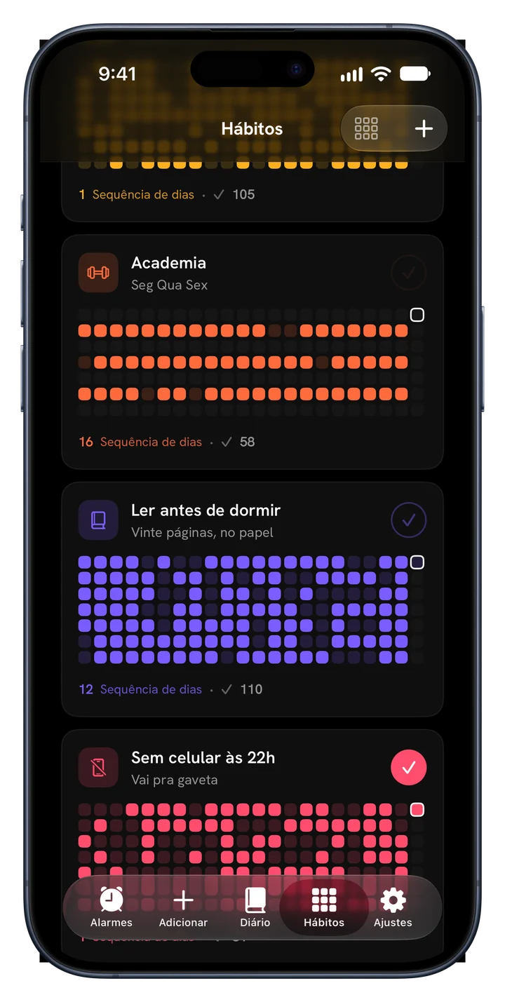 Grades de hábitos em âmbar, laranja, violeta e rosa, cada uma com sua sequência