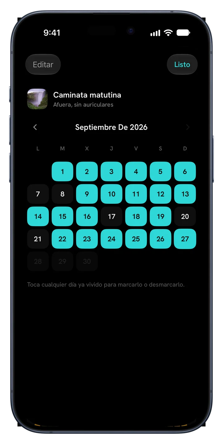 Calendario mensual de un hábito, donde cualquier día pasado se puede marcar o desmarcar