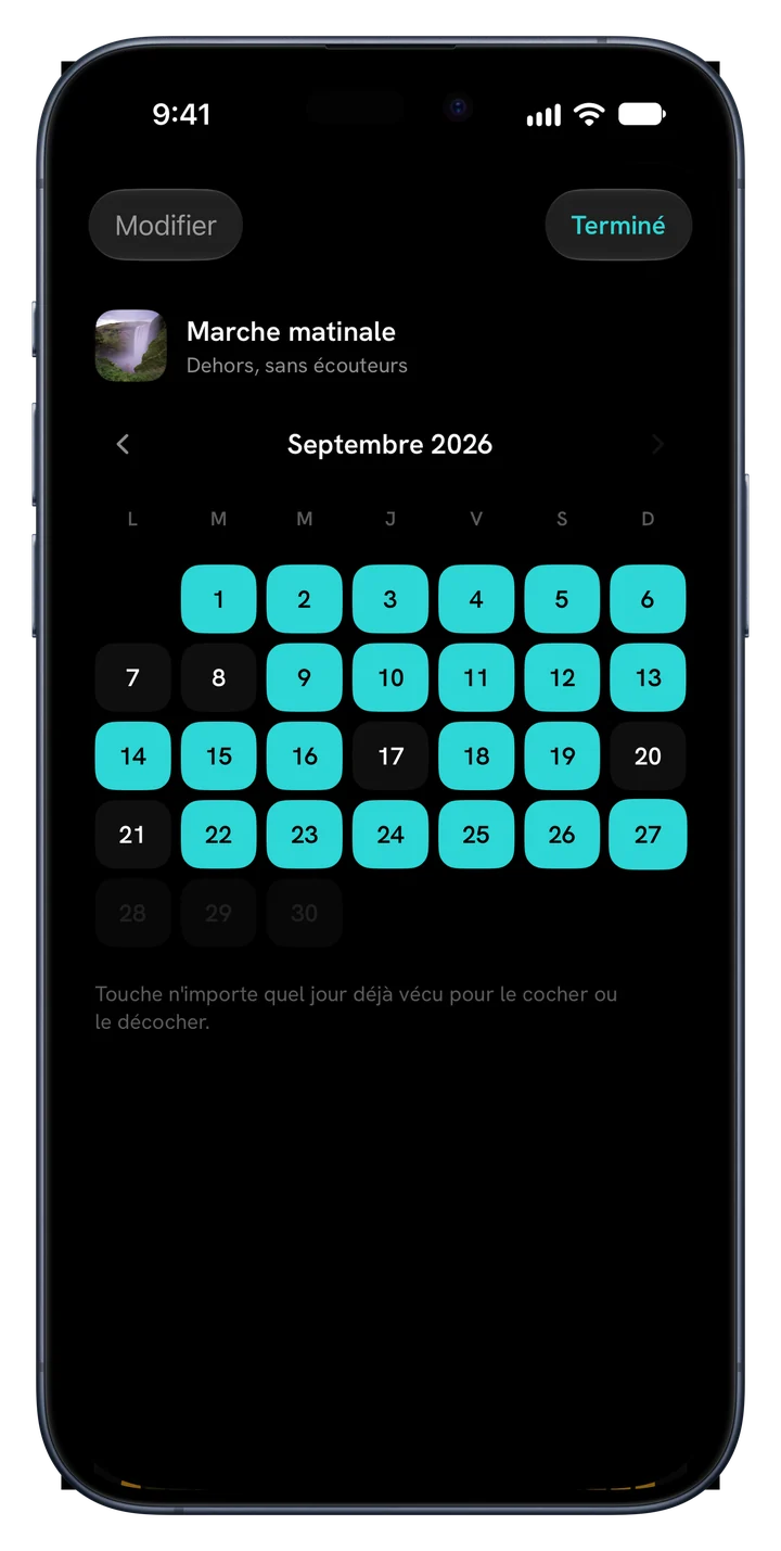 Calendrier mensuel d'une habitude, où chaque jour passé peut être coché ou décoché