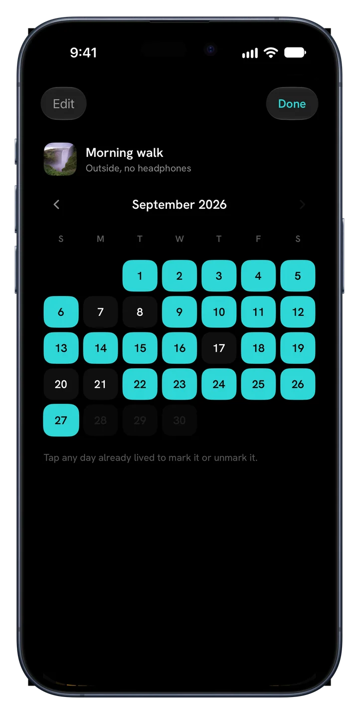 A habit's month calendar, where any past day can be marked or unmarked