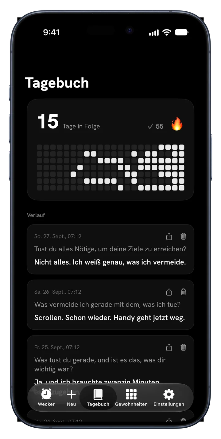 Tagebuch in Fix Your Life mit Serie, Heatmap und gespeicherten Antworten