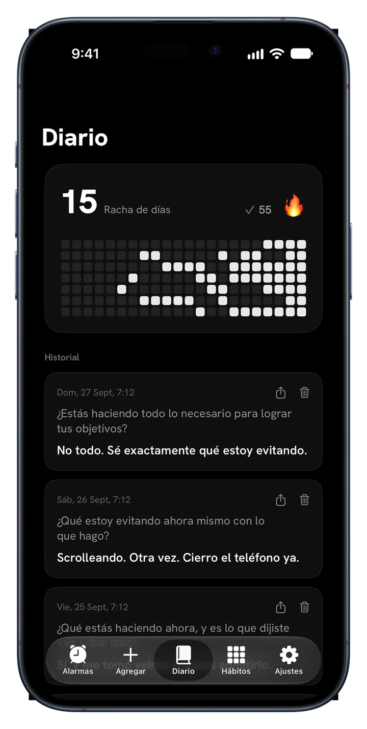 Diario en Fix Your Life con racha de días, mapa de calor y respuestas guardadas