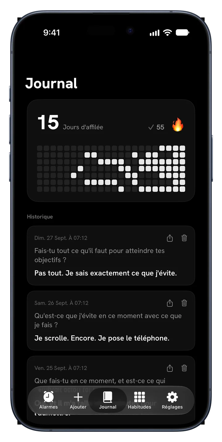Journal de Fix Your Life avec série de jours, carte de chaleur et réponses enregistrées