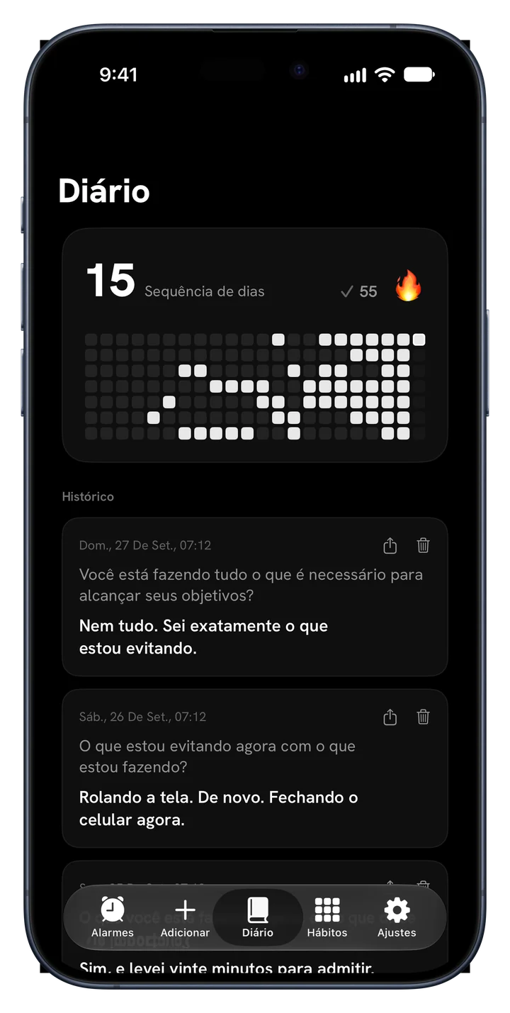Diário no Fix Your Life com sequência de dias, mapa de calor e respostas salvas