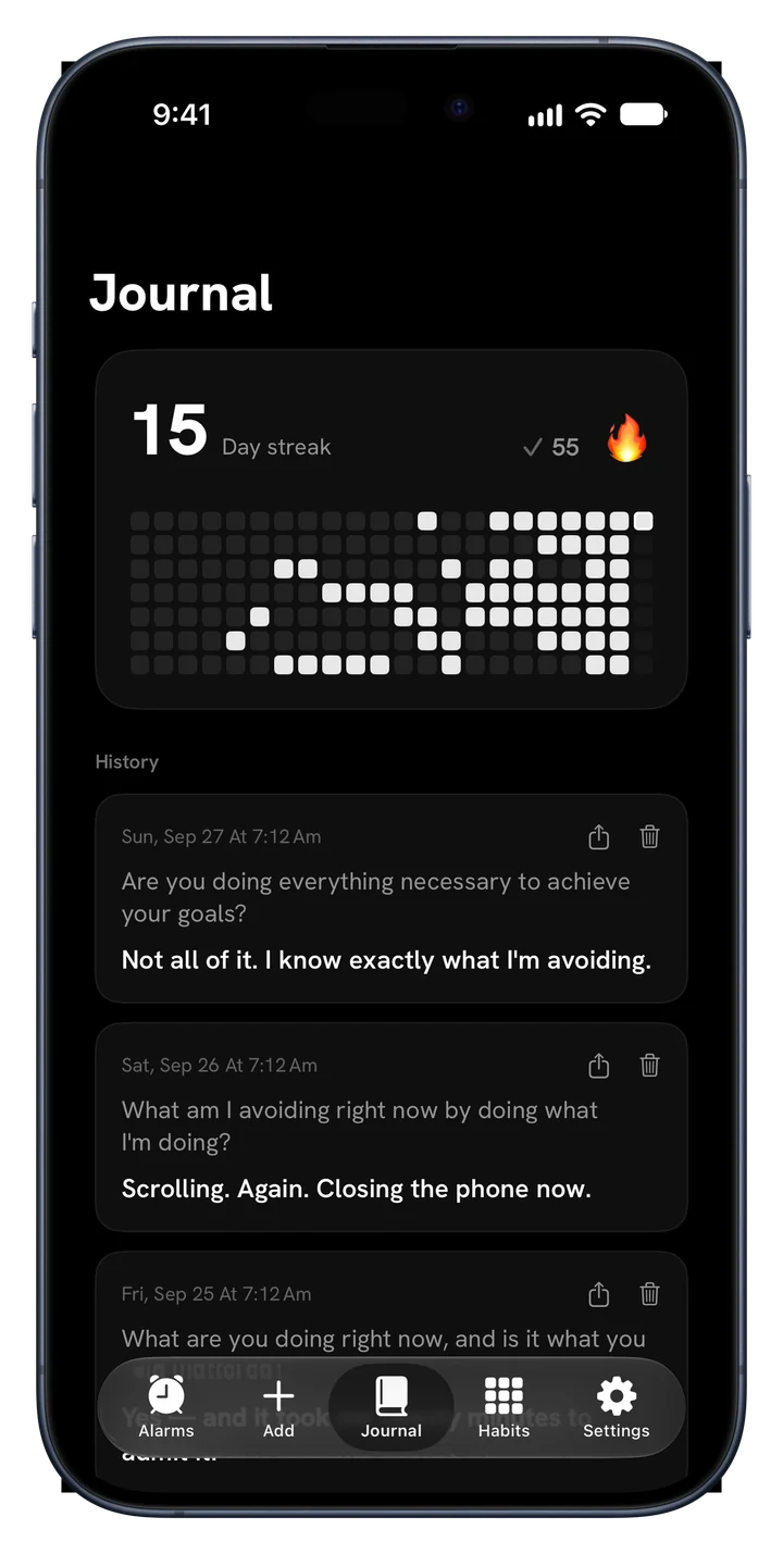 Journal in Fix Your Life with a day streak, a heatmap and saved answers