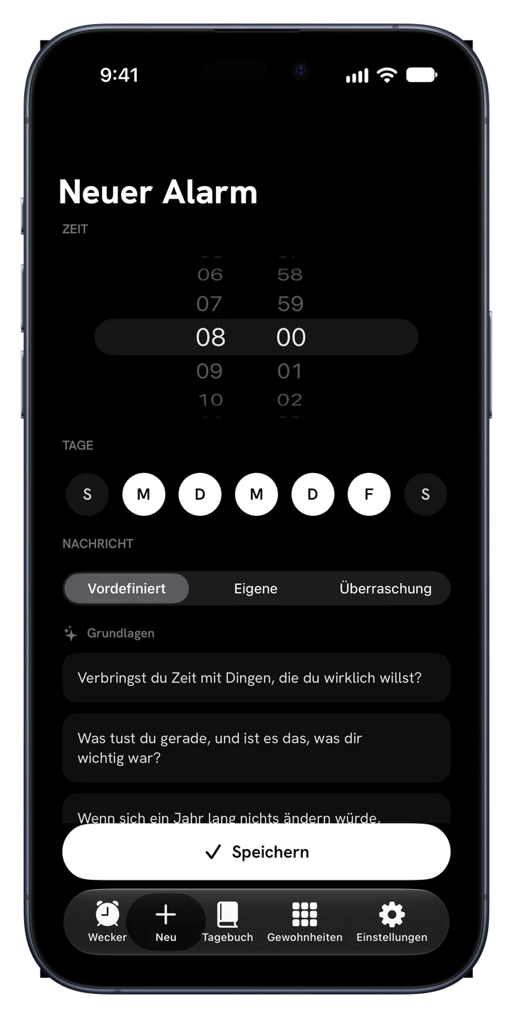 Fragenpakete in Fix Your Life: Grundlagen, Ambition, Zeit & Sterblichkeit, Identität, Ehrlicher Spiegel und Lebendigkeit