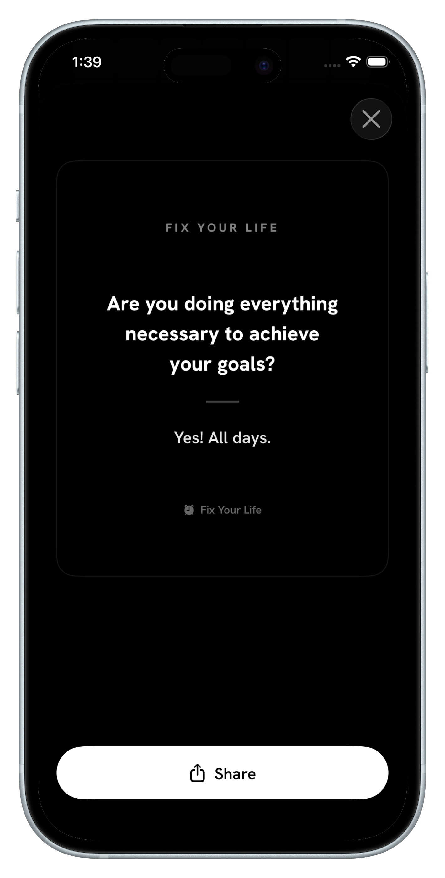 A one line a day journal entry in Fix Your Life shared as a black and white image