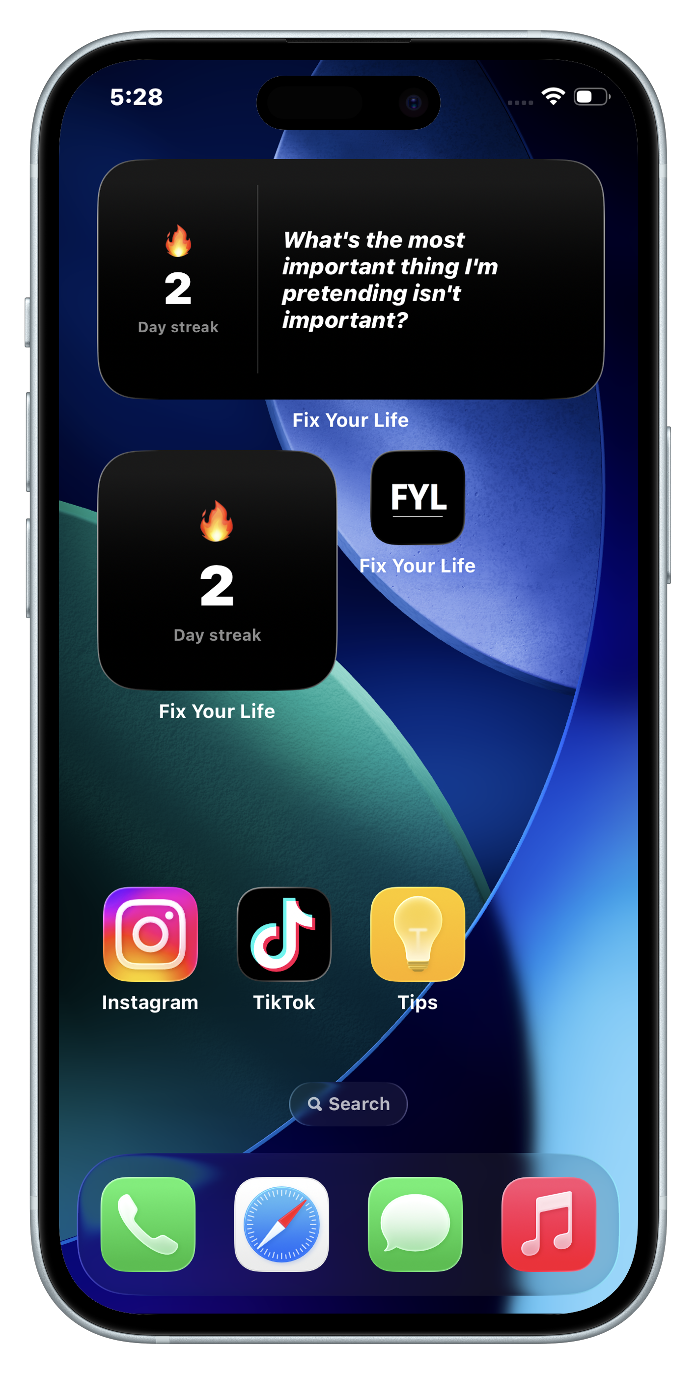 Fix Your Life streak widget and question of the day widget on an iPhone home screen