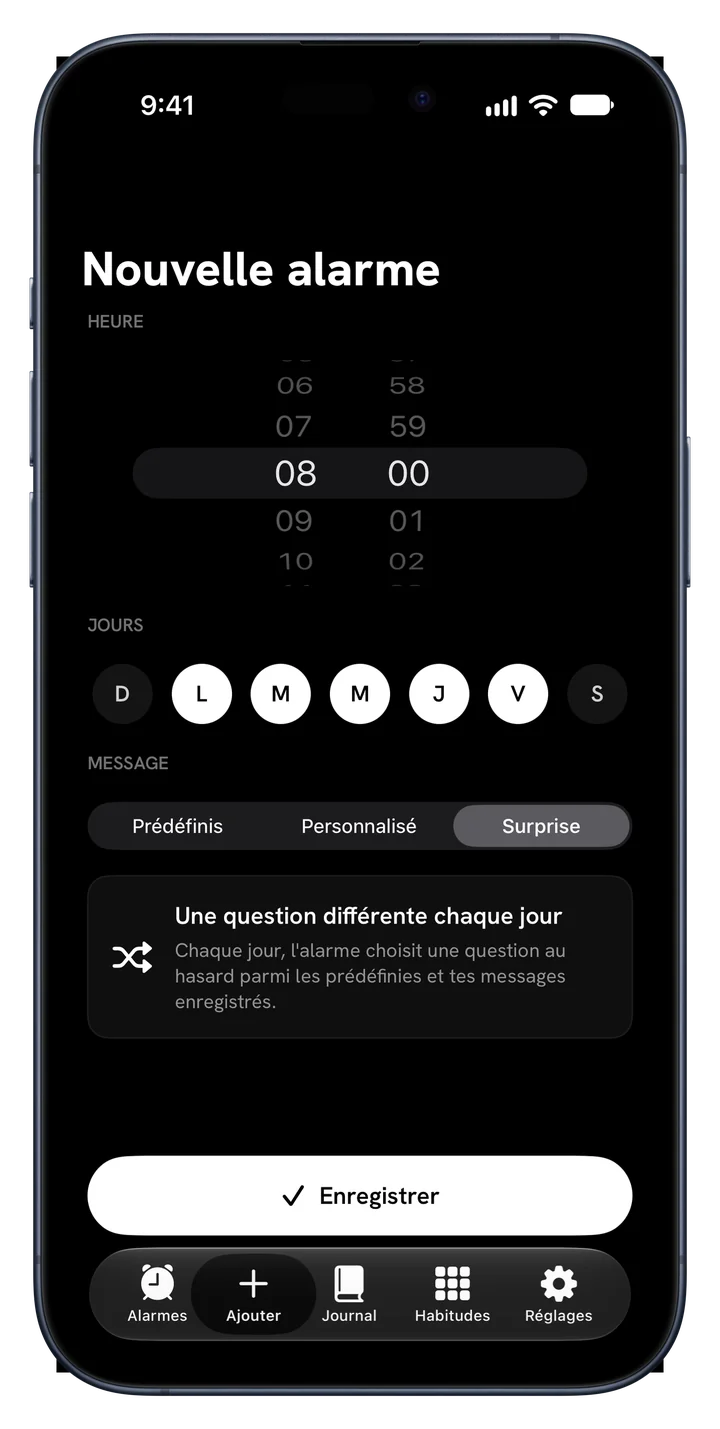 Le mode Surprise de Fix Your Life choisissant une question différente pour chaque jour