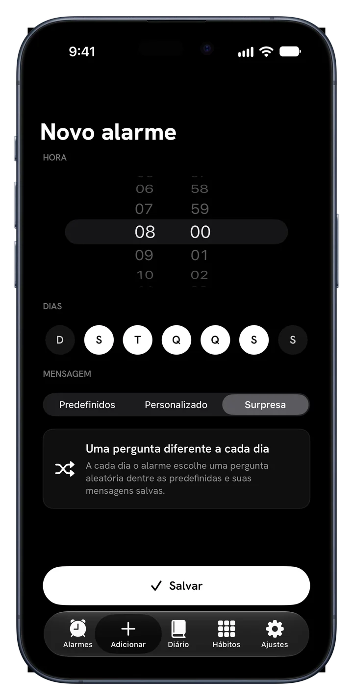 Modo Surpresa no Fix Your Life escolhendo uma pergunta diferente para cada dia da semana